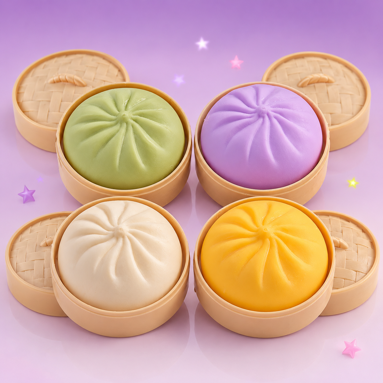 4-Pack Dumpling Squishy Bundle with Green Veggie, Purple Char Siu, Classic White, and Golden Pumpkin Bao